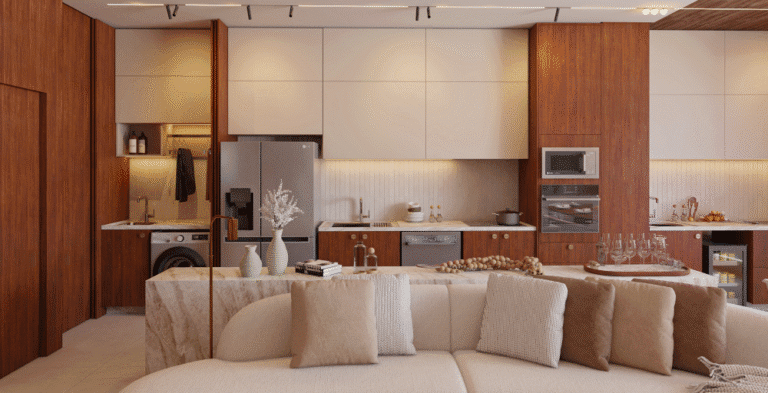 Sala de estar ampla com integração total, mobiliário de alto padrão e sofisticação técnica.